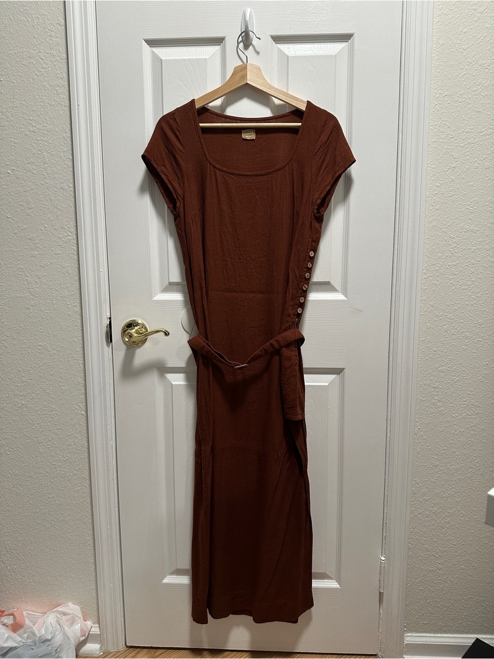 Free People Brown Short-Sleeve Midi Dress with Side Buttons